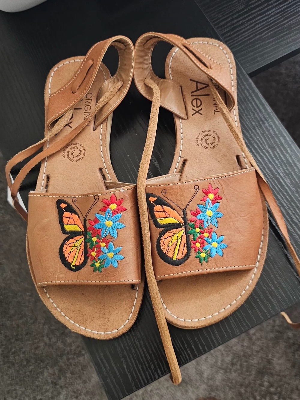 Alex Brown Leather Sandals with Embroidered Butterfly & Flowers